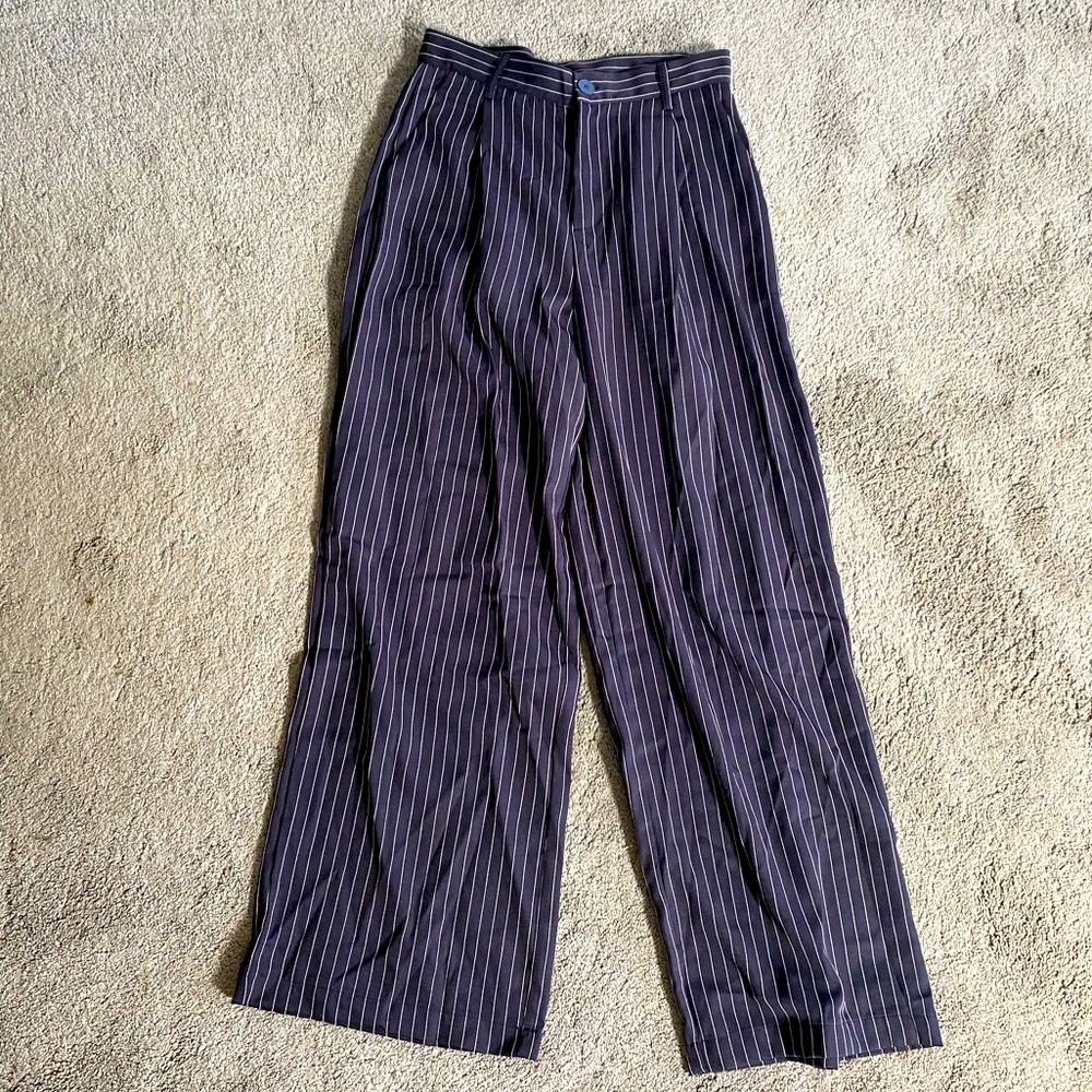 cider navy & white wide leg boyfriend fit pin-striped pants